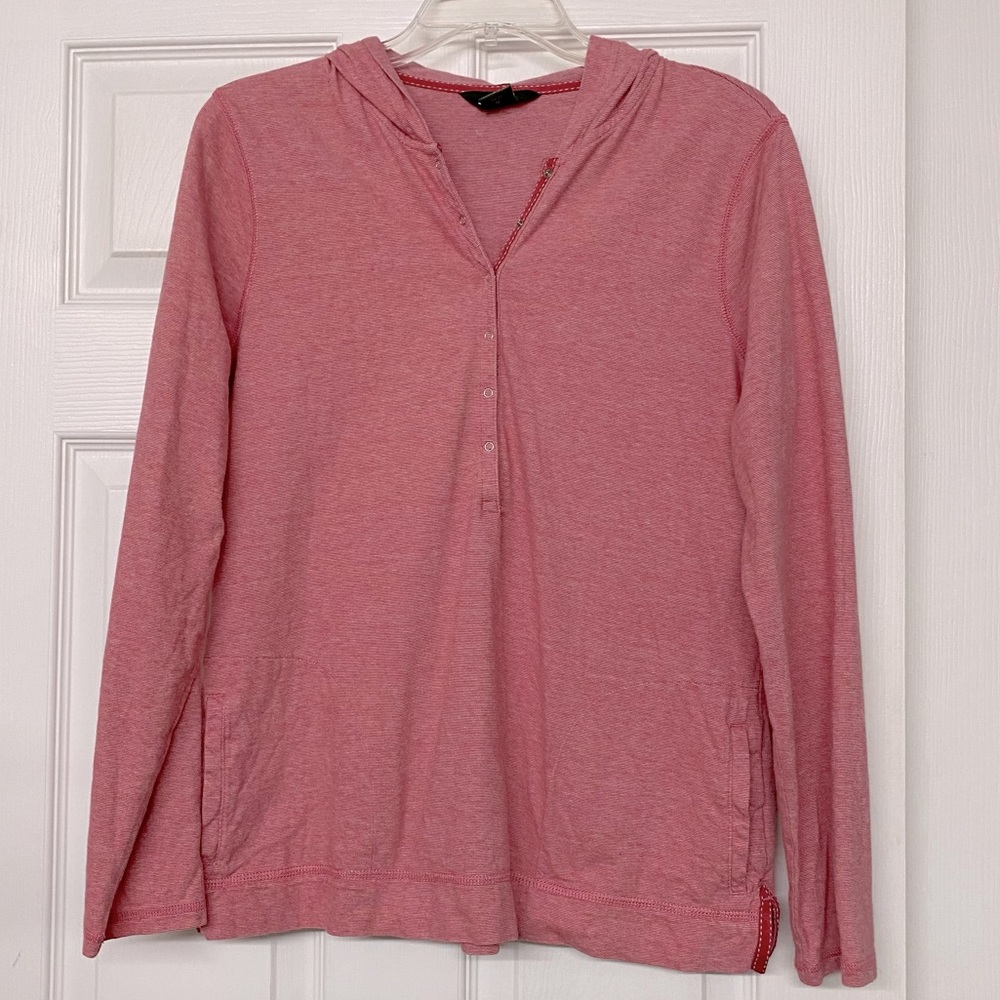 Eddie Bauer Hooded Quarter Snap Front Ribbon Trim Activewear Top Red Sz L